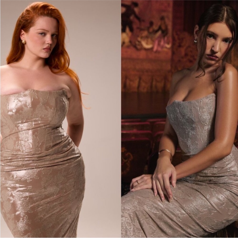House of CB Persephone Pale Gold Metallic Corset Maxi Dress‎ L A-C Regular Cup